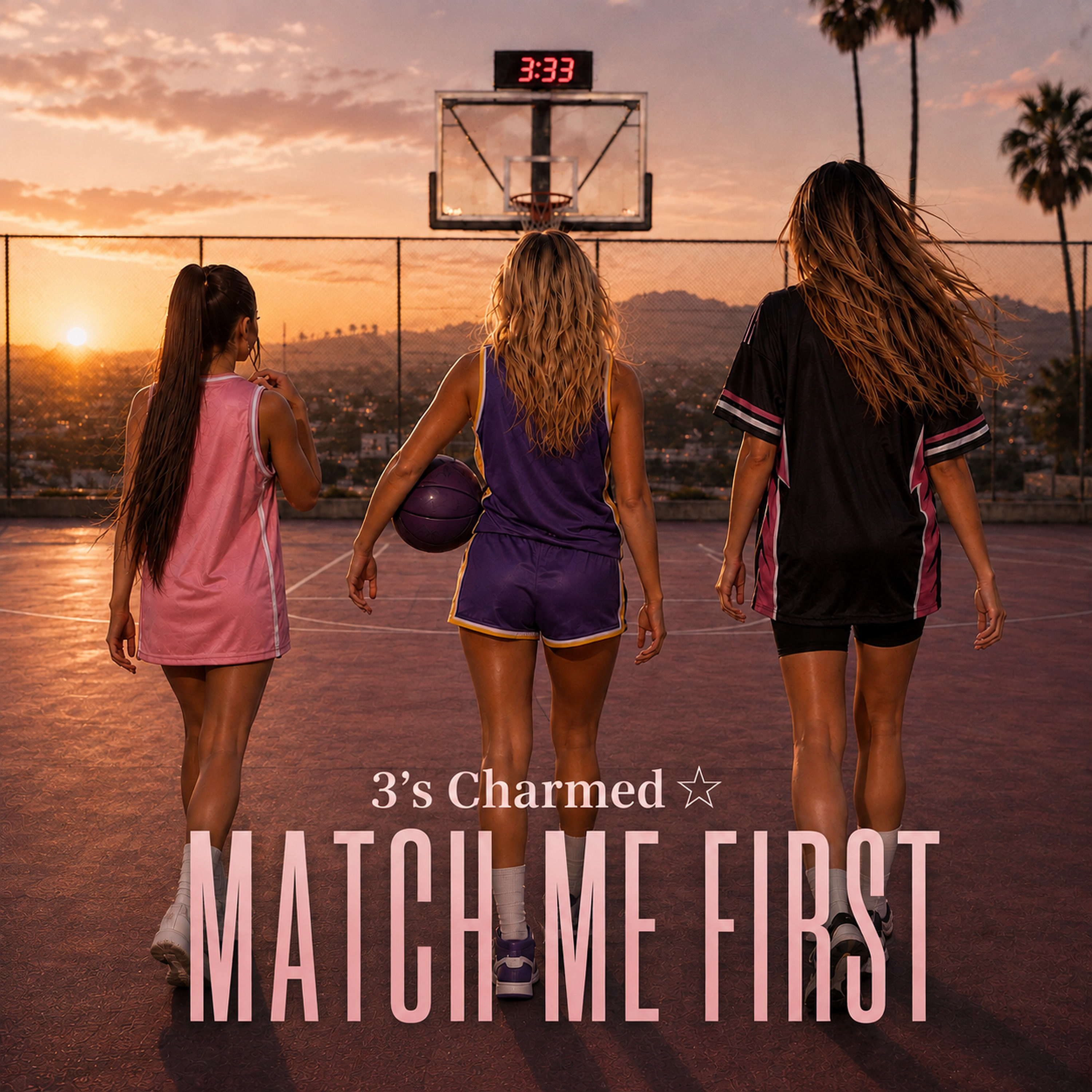 Official Match Me First cover by 3’s Charmed ☆: the trio on a sunset basketball court